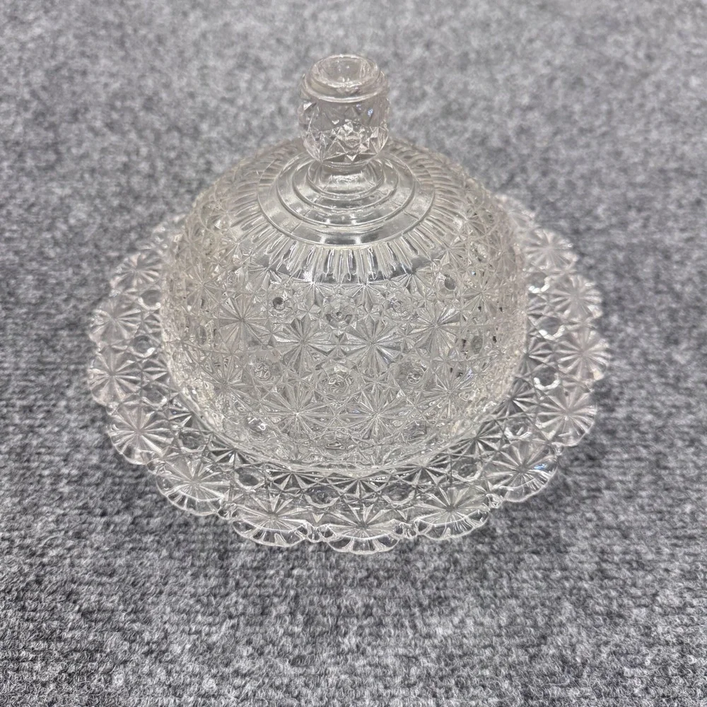 Vintage Glass Butter Dish Round Clear Daisy Button Pattern Domed Lid Farmhouse